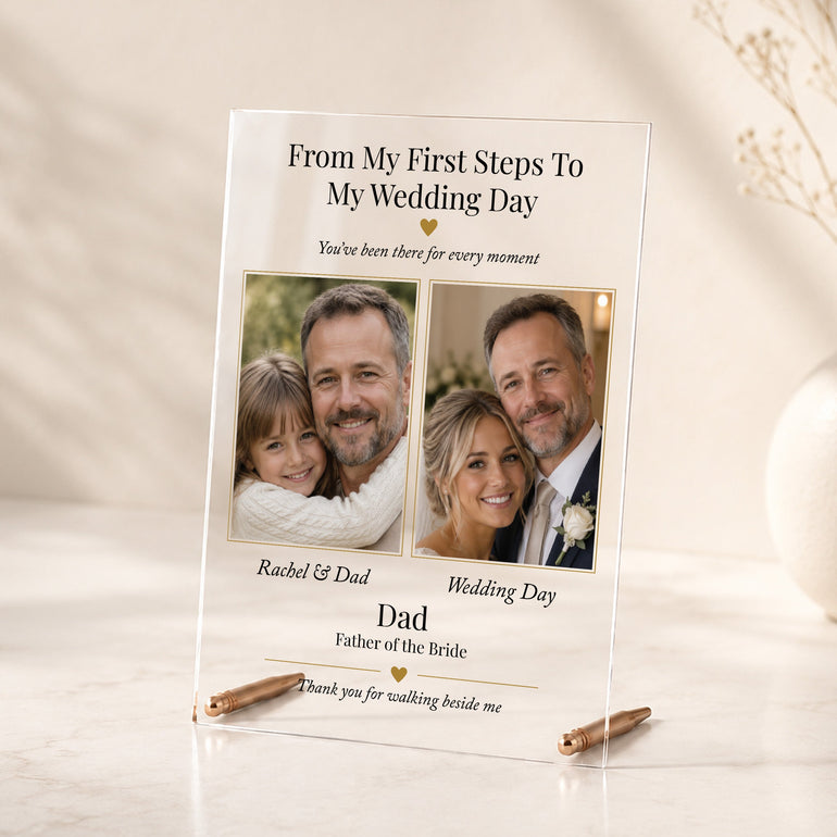 Main Image Alt Text:
Father of the Bride personalised acrylic photo plaque with childhood and wedding day photos of Dad and daughter