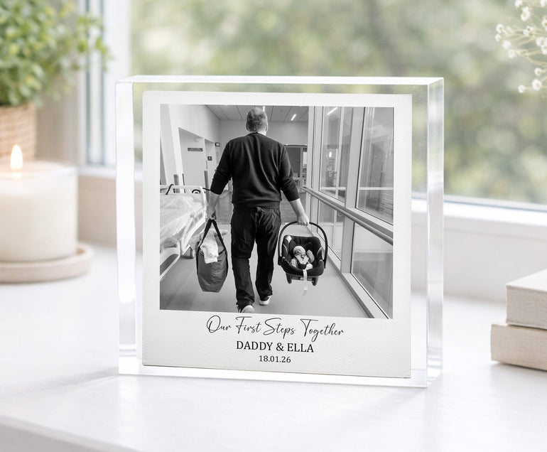 Personalised first steps with daddy photo acrylic block keepsake for new dad first fathers day gift baby memory