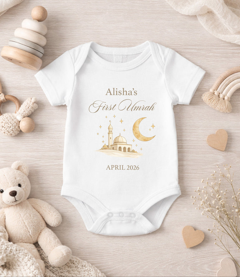 personalised first umrah baby vest with name and date