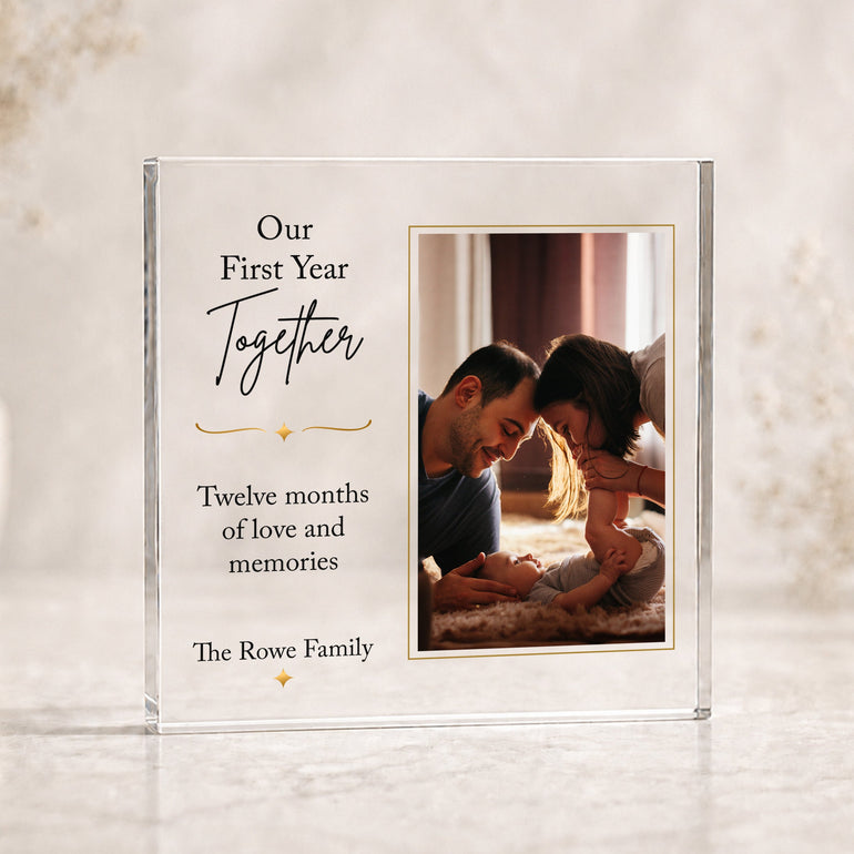 Personalised family first year together acrylic photo block with family photograph and custom family name.