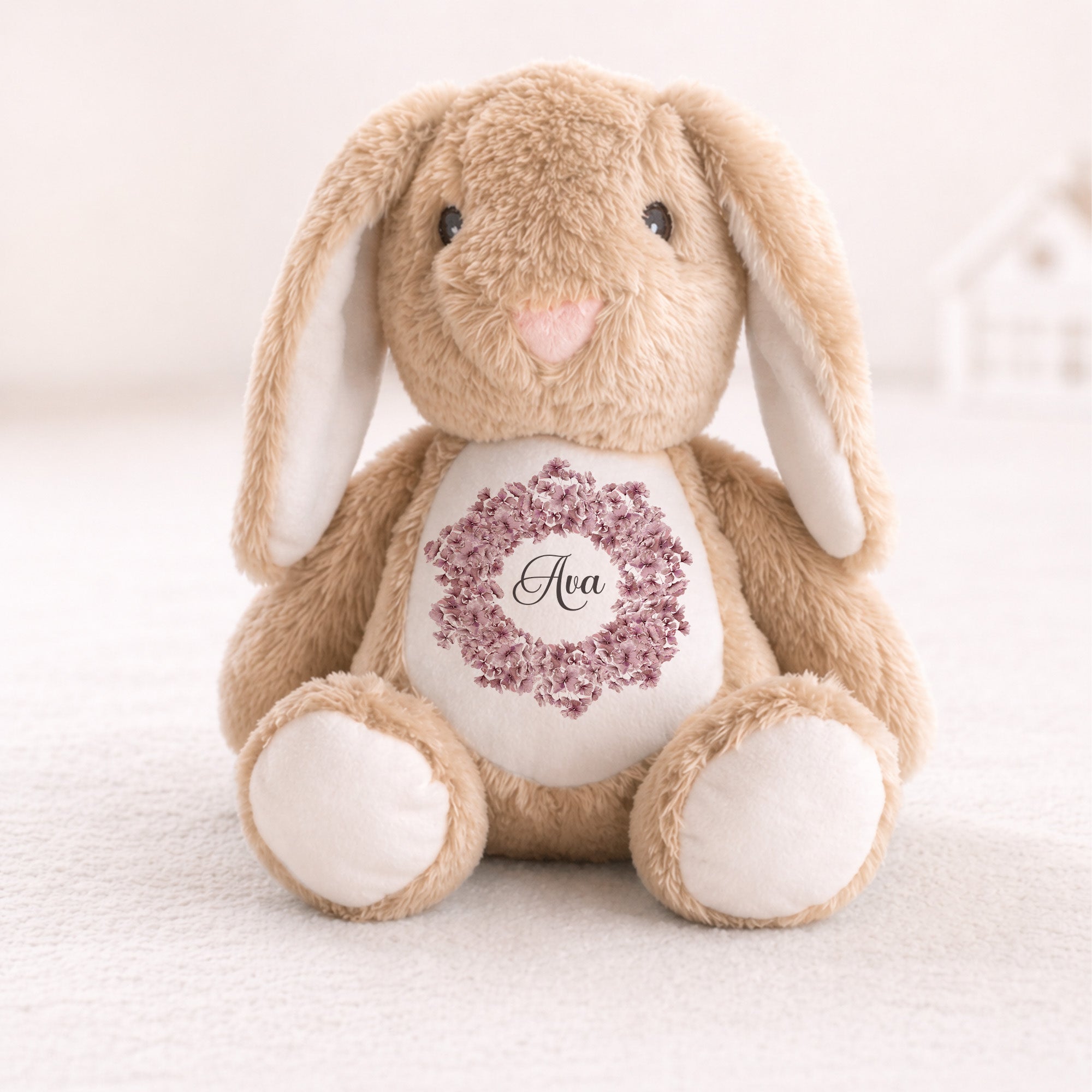 personalised pink floral plush toy with name