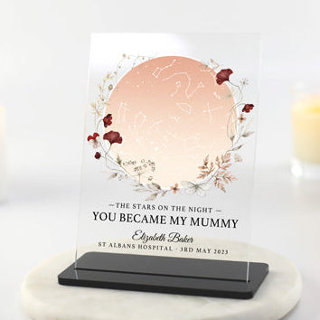 Personalised star map acrylic plaque for Mum with floral wreath and date