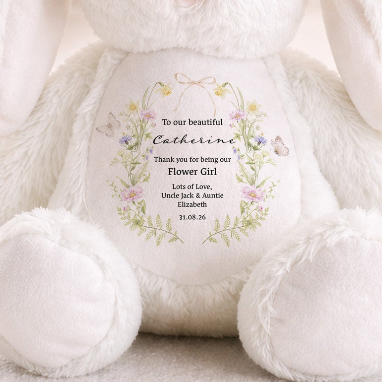 Flower girl thank you gift bunny plush toy with name and wedding date