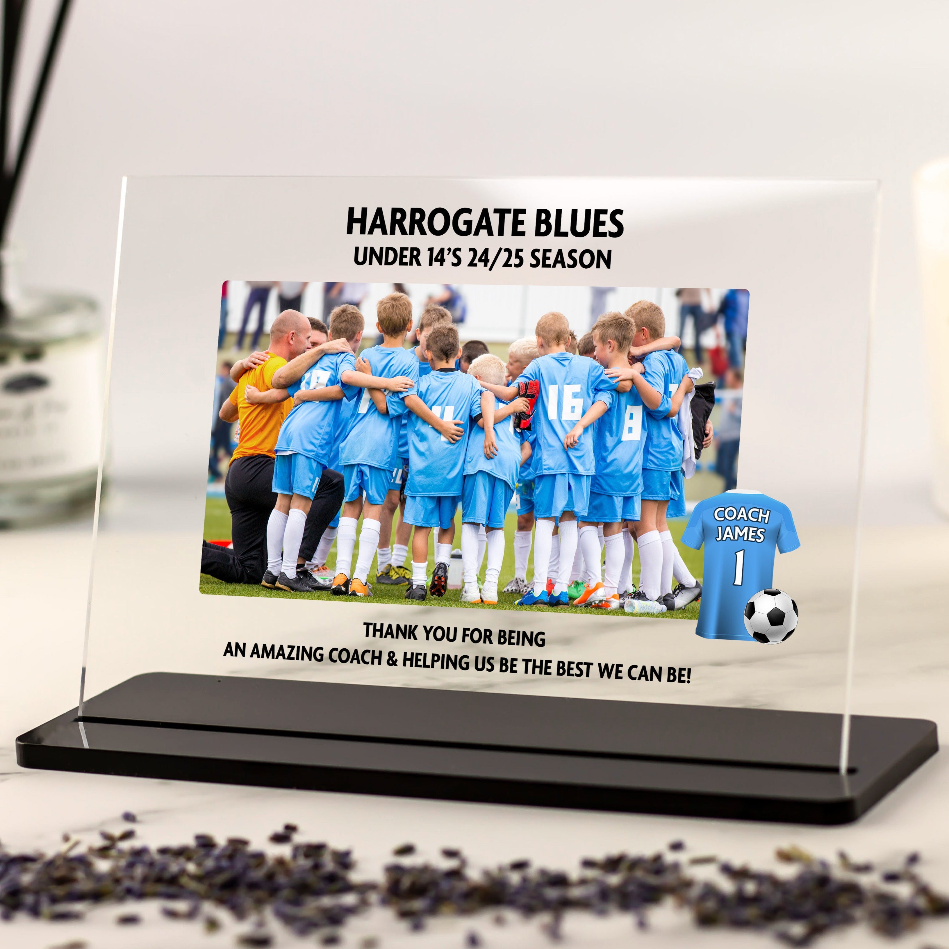 Personalised football coach photo plaque with team huddle picture, custom team name, and shirt icon with coach's name and number, perfect thank you gift.
