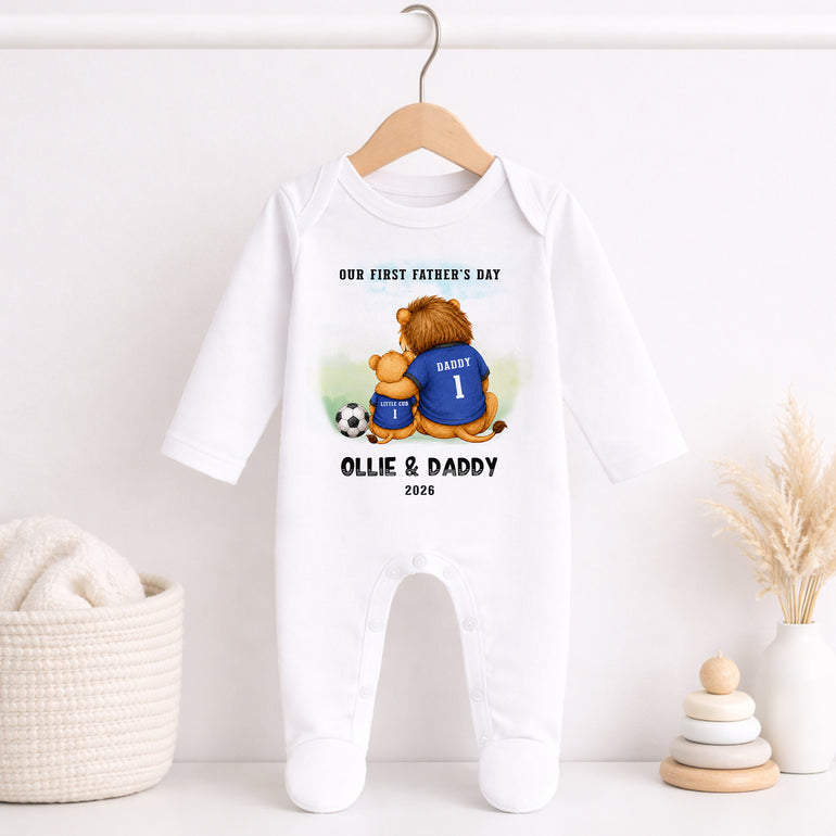 White personalised First Father’s Day baby grow with football lion Daddy and Little Cub illustration, child name and year.