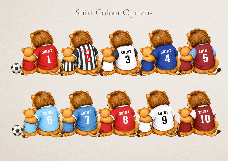 Football shirt colour options for personalised First Father’s Day lion baby clothing.