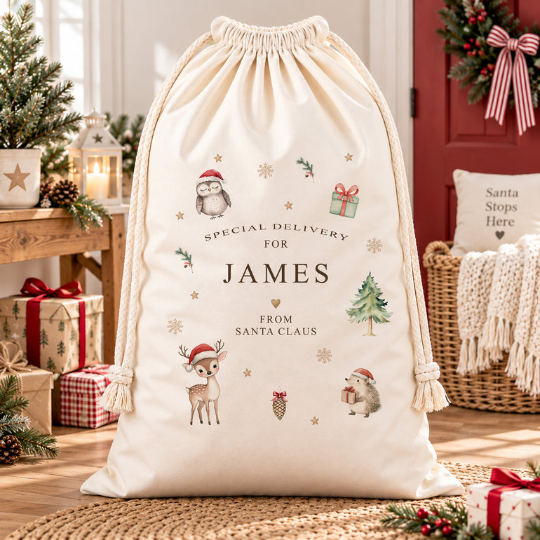 Personalised Santa sack with child’s name, Special Delivery from Santa Claus wording and festive woodland animal design.
