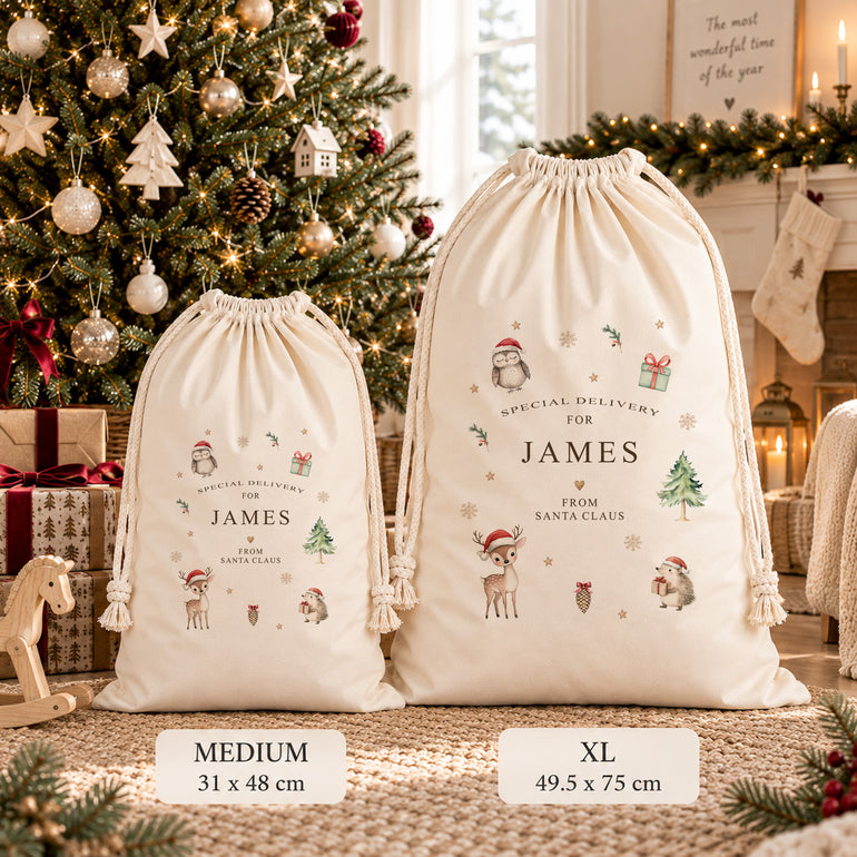 Personalised Santa sacks with woodland animals in Medium 31 x 48 cm and XL 49.5 x 75 cm sizes.