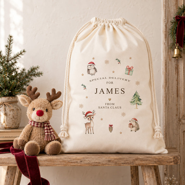 Personalised Christmas sack with name and woodland Special Delivery design displayed beside a festive reindeer soft toy.