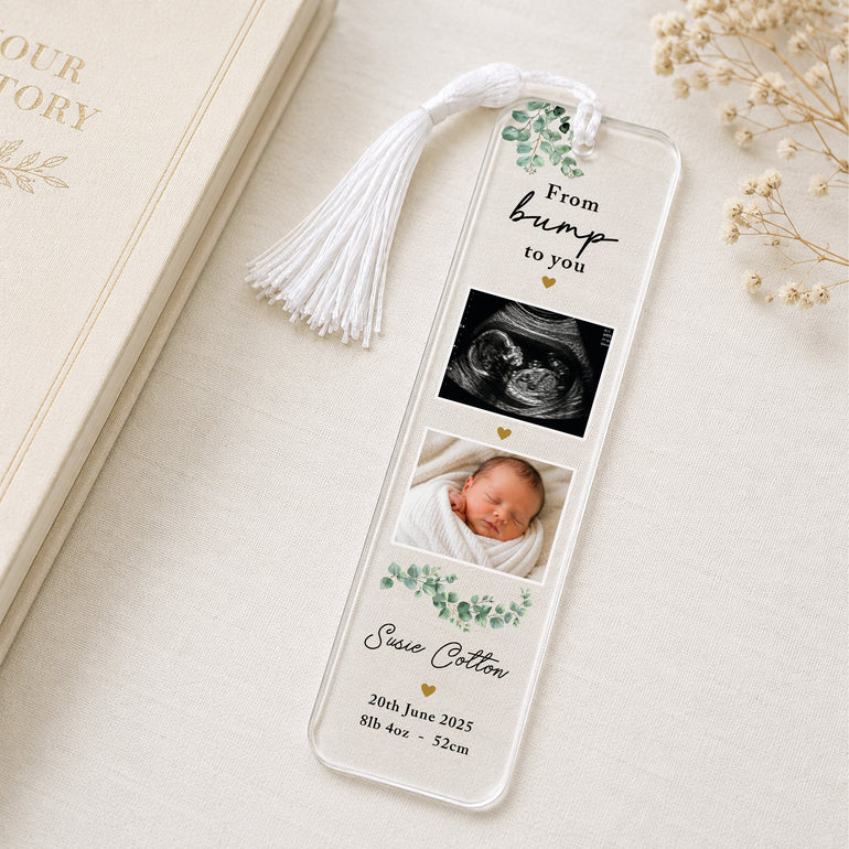 Personalised From Bump to You baby bookmark with ultrasound scan, newborn photo, baby's name, birth details and white tassel.