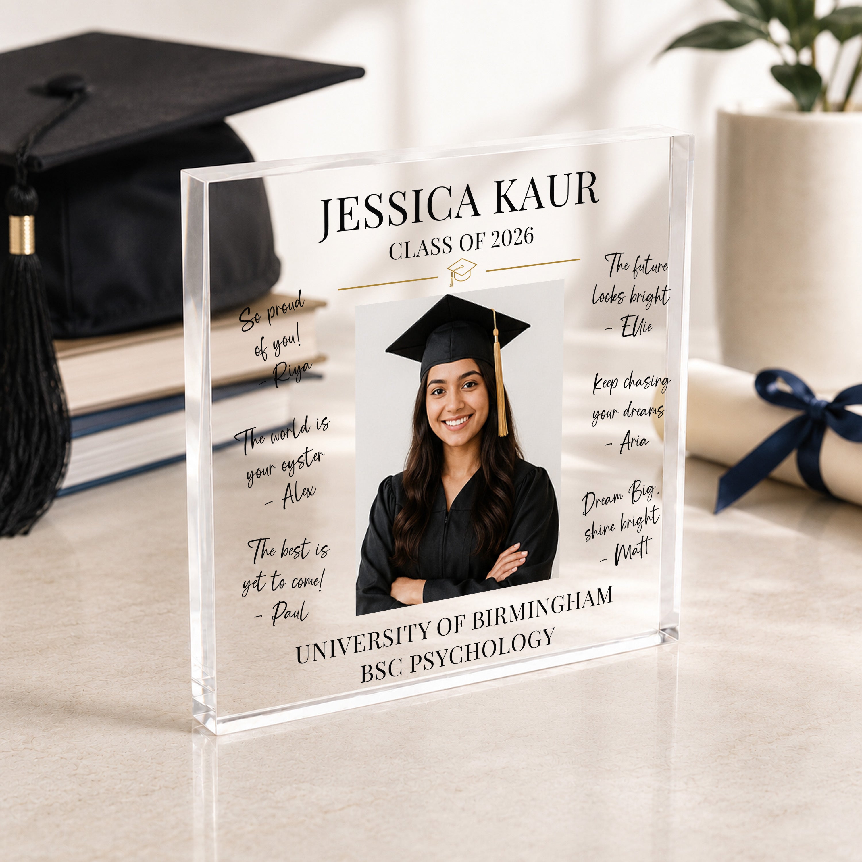 Personalised graduation message photo block with graduate photo, university details and family messages