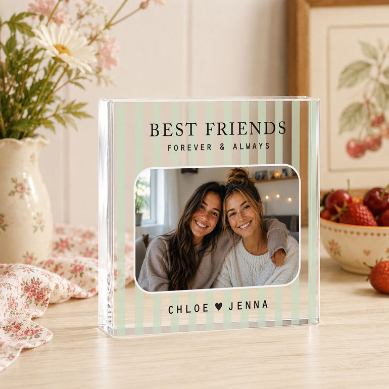 Green striped personalised best friend picture acrylic block with one photo and names underneath.