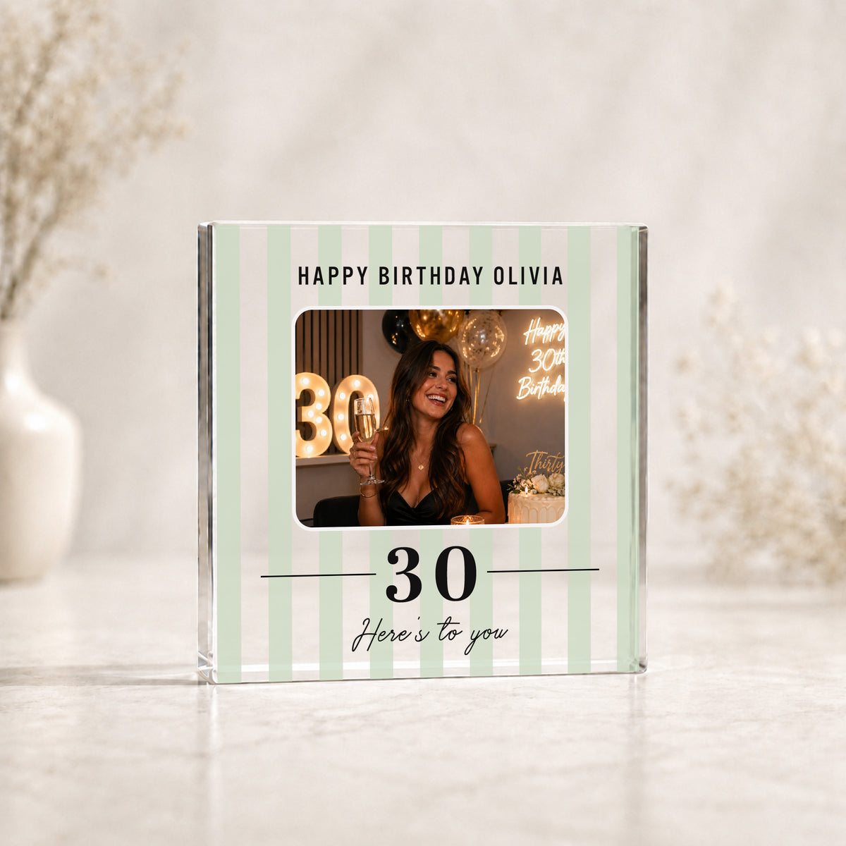 Green striped personalised birthday photo block with square image, birthday name line and age keepsake design.