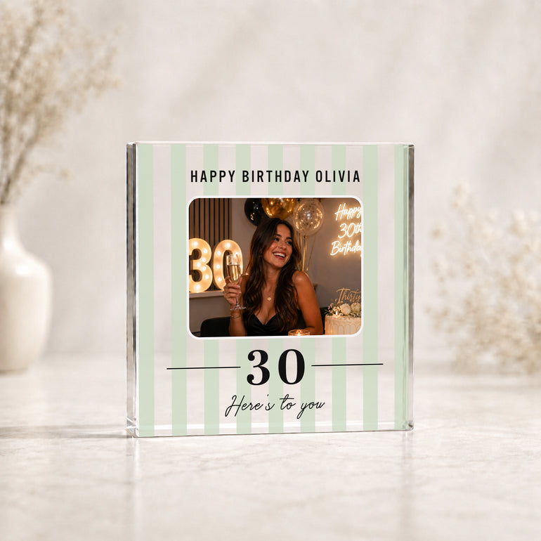 Green striped personalised birthday photo block with square image, birthday name line and age keepsake design.
