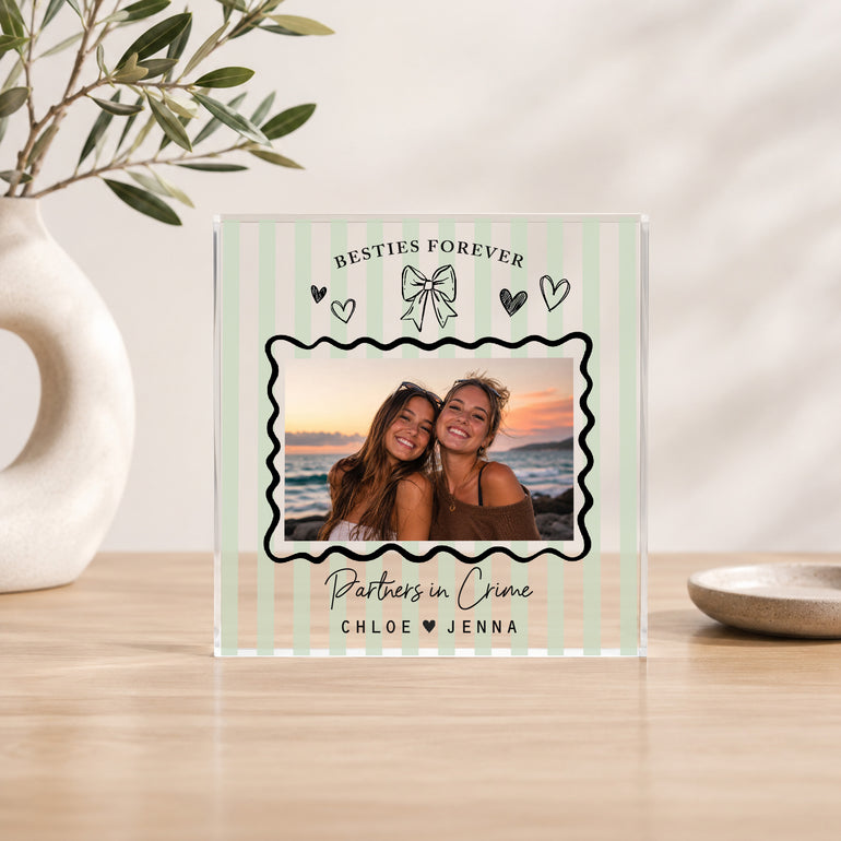 Green striped personalised besties acrylic photo block with doodle frame, one friendship photo and personalised names.