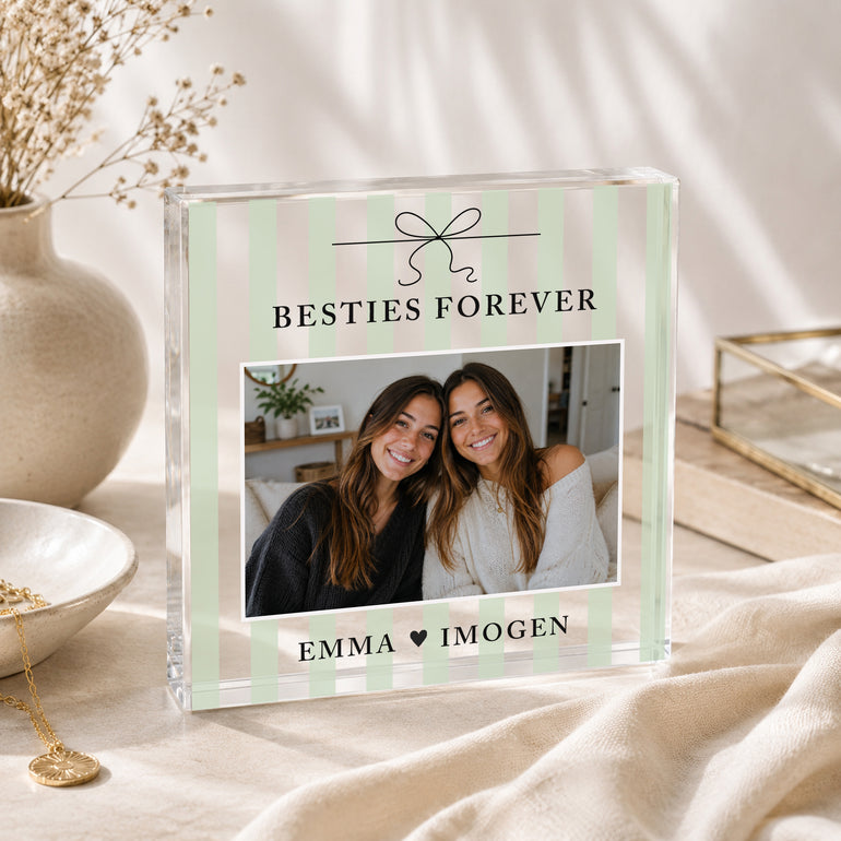 Green striped Besties Forever personalised acrylic photo block with bow motif, best friend photograph and names underneath.