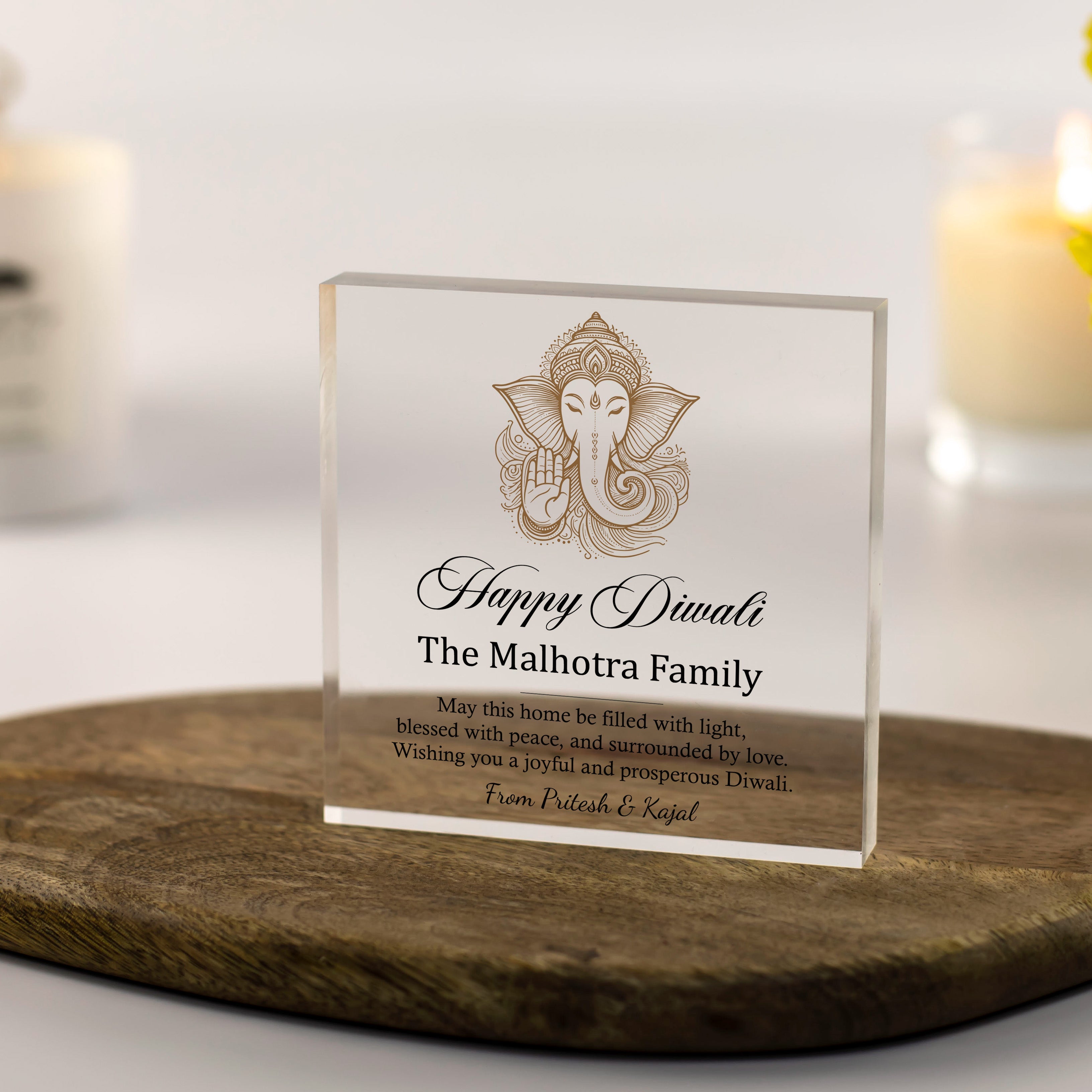 Personalised Diwali acrylic block with Ganesh design for family or friends

Custom Diwali gift block for coworkers, neighbours and loved ones

Personalised Diwali home decoration gift for friends or colleagues

Hindu festival keepsake acrylic block with family name or blessing

Unique Diwali gift for family, friends, neighbours or coworkers