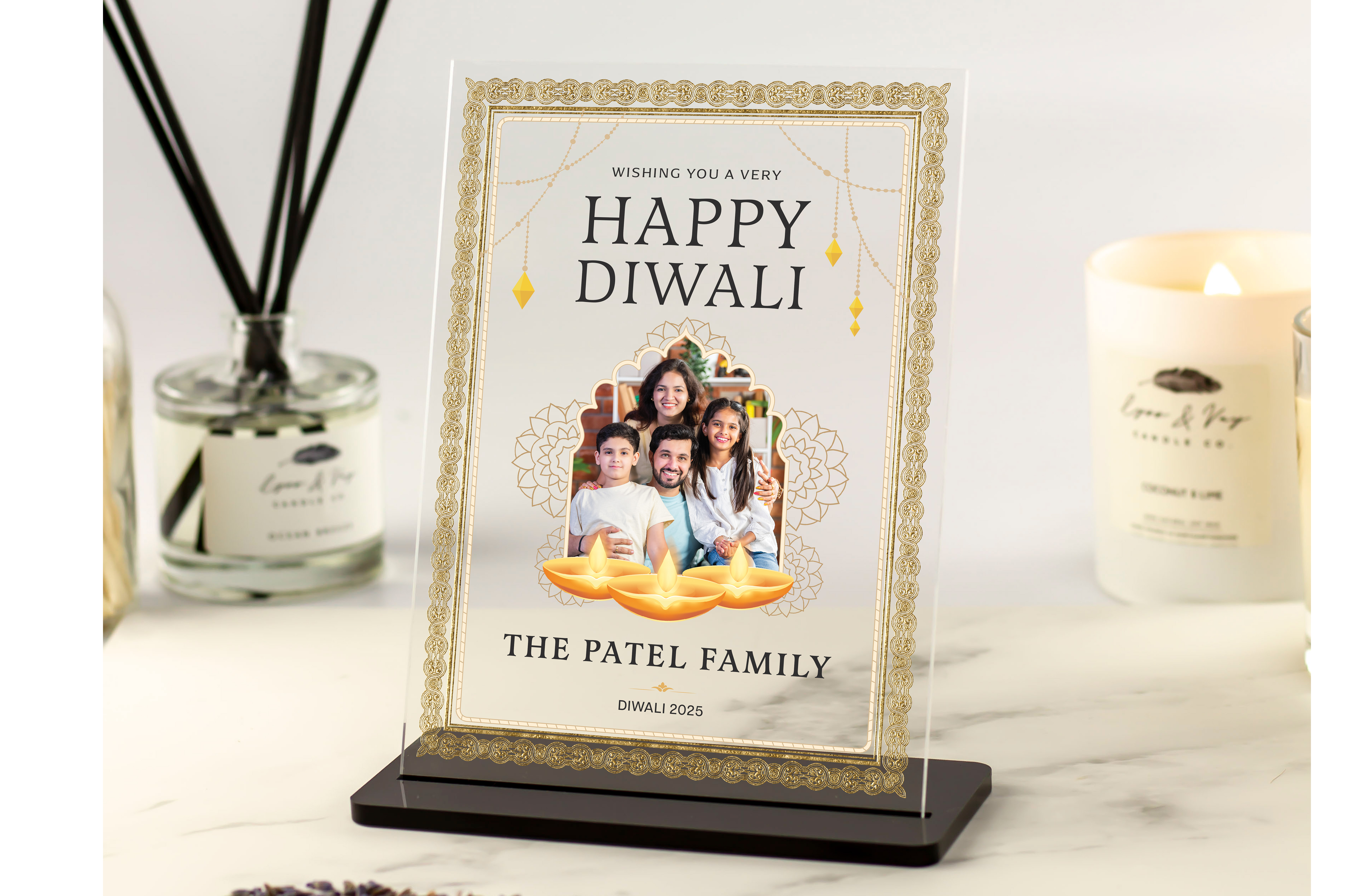 Personalised Happy Diwali portrait plaque with stand, featuring family photo, names, year and gold festive border – family keepsake gift