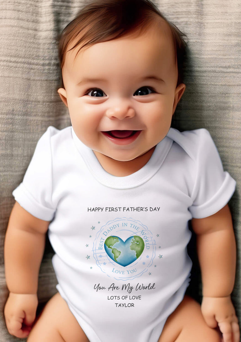 Personalised first fathers day baby vest world heart design