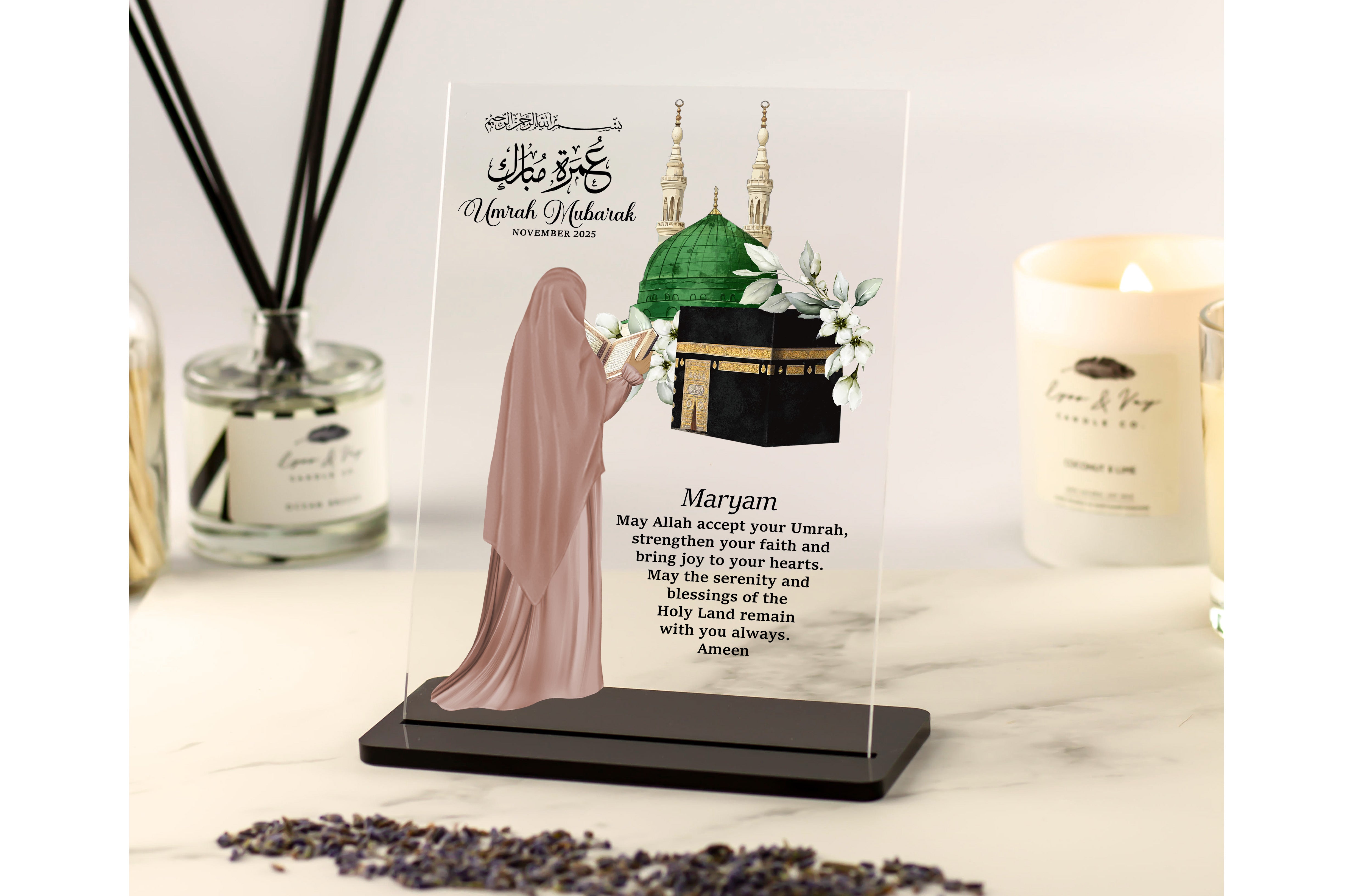 Personalised female Hajj Mubarak acrylic plaque with Kaaba and Quran illustration – Islamic gift for her