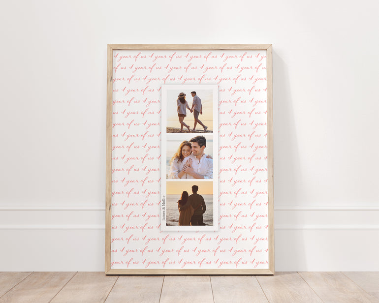 Years of Us personalised photo strip wall art print with layered anniversary text background for couples
