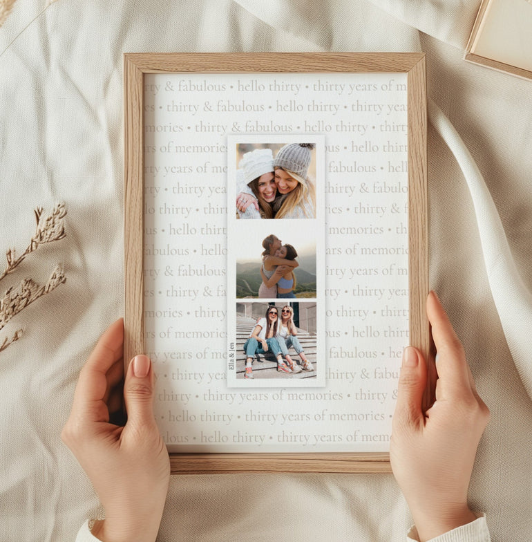 Birthday Years personalised photo strip wall art print with layered age wording for milestone birthdays