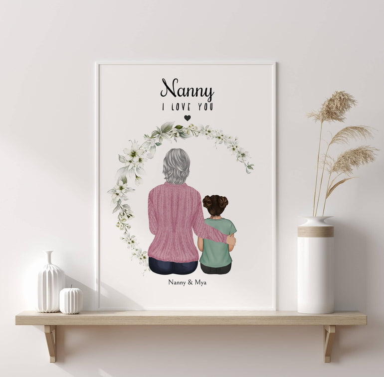 nanny gift for christmas, gift from granddaughter grandson personalised print gran and child portrait wall art