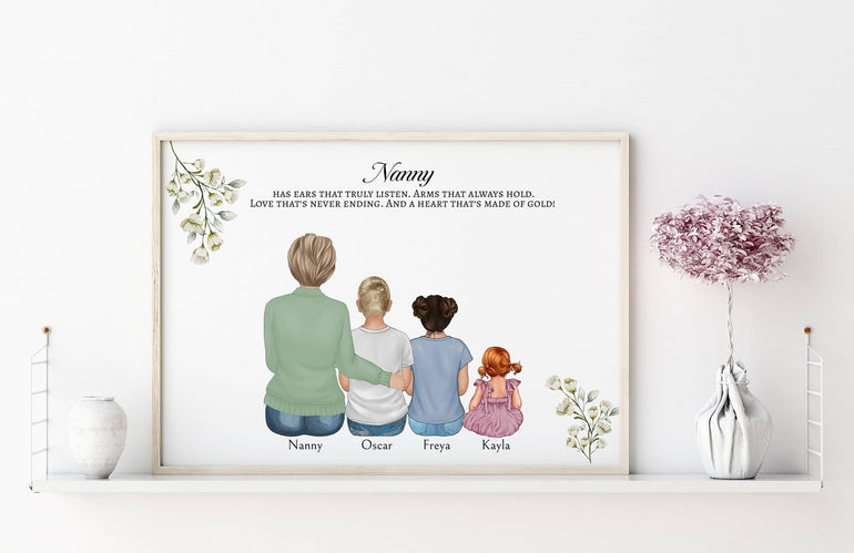 Nanny Gifts, Gift for Grandma, Custom Portrait, Personalised Nan Christmas Present, Birthday, Mothers Day, Floral Print with Grandchildren