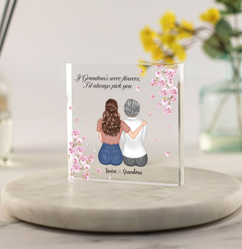 Grandma Gift from Granddaughter, Nanny Christmas Gift, Granny Custom Portrait, Mothers Day, Birthday Gift Nan, Nana, Floral Acrylic Block