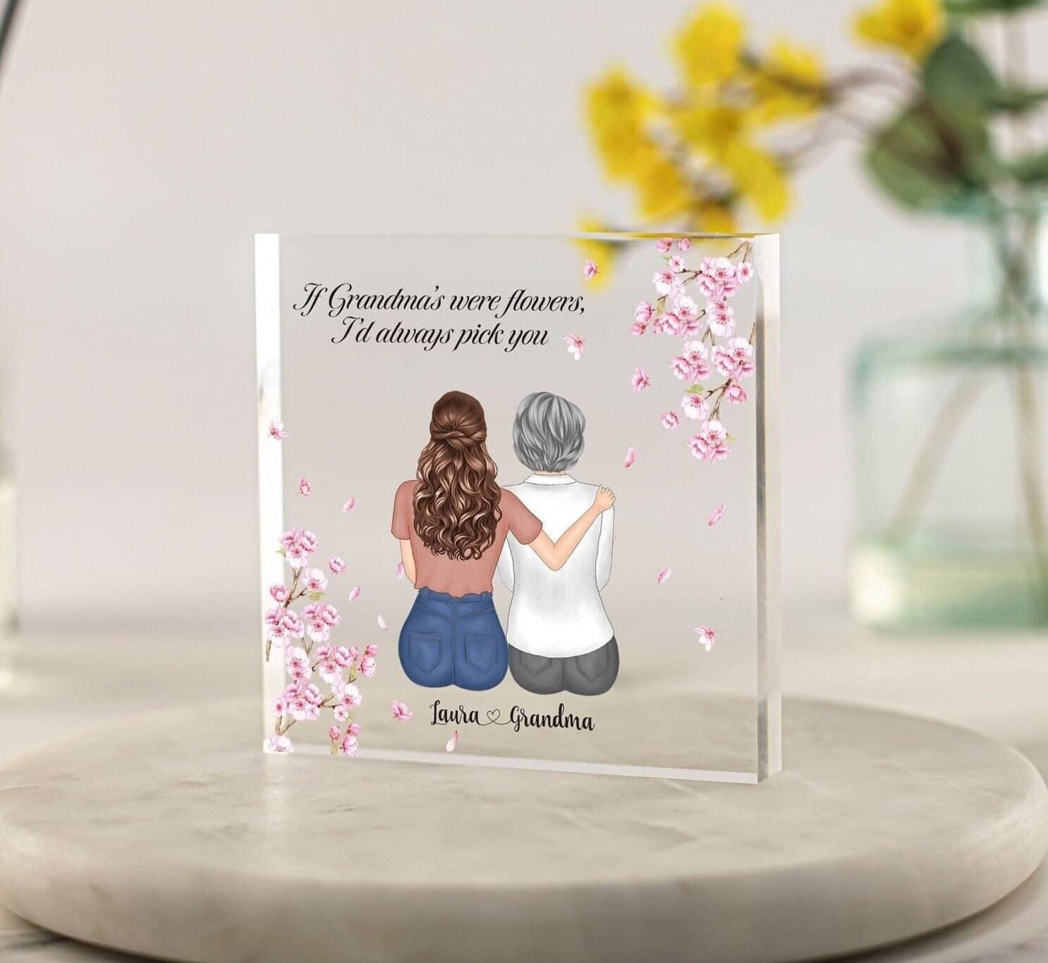 Grandma Gift from Granddaughter, Nanny Christmas Gift, Granny Custom Portrait, Mothers Day, Birthday Gift Nan, Nana, Floral Acrylic Block