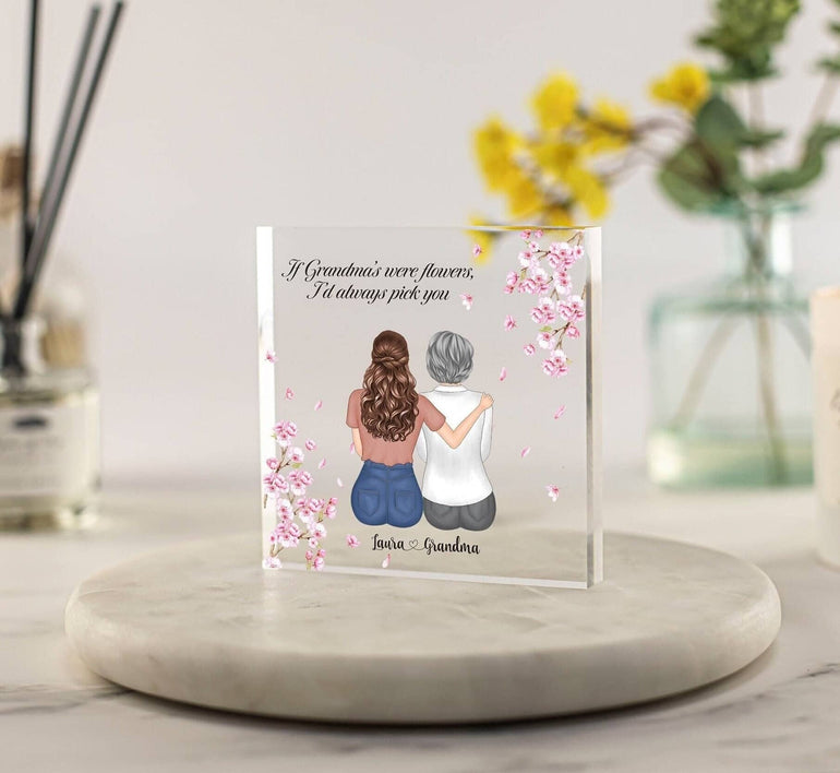 Grandma Gift from Granddaughter, Nanny Christmas Gift, Granny Custom Portrait, Mothers Day, Birthday Gift Nan, Nana, Floral Acrylic Block