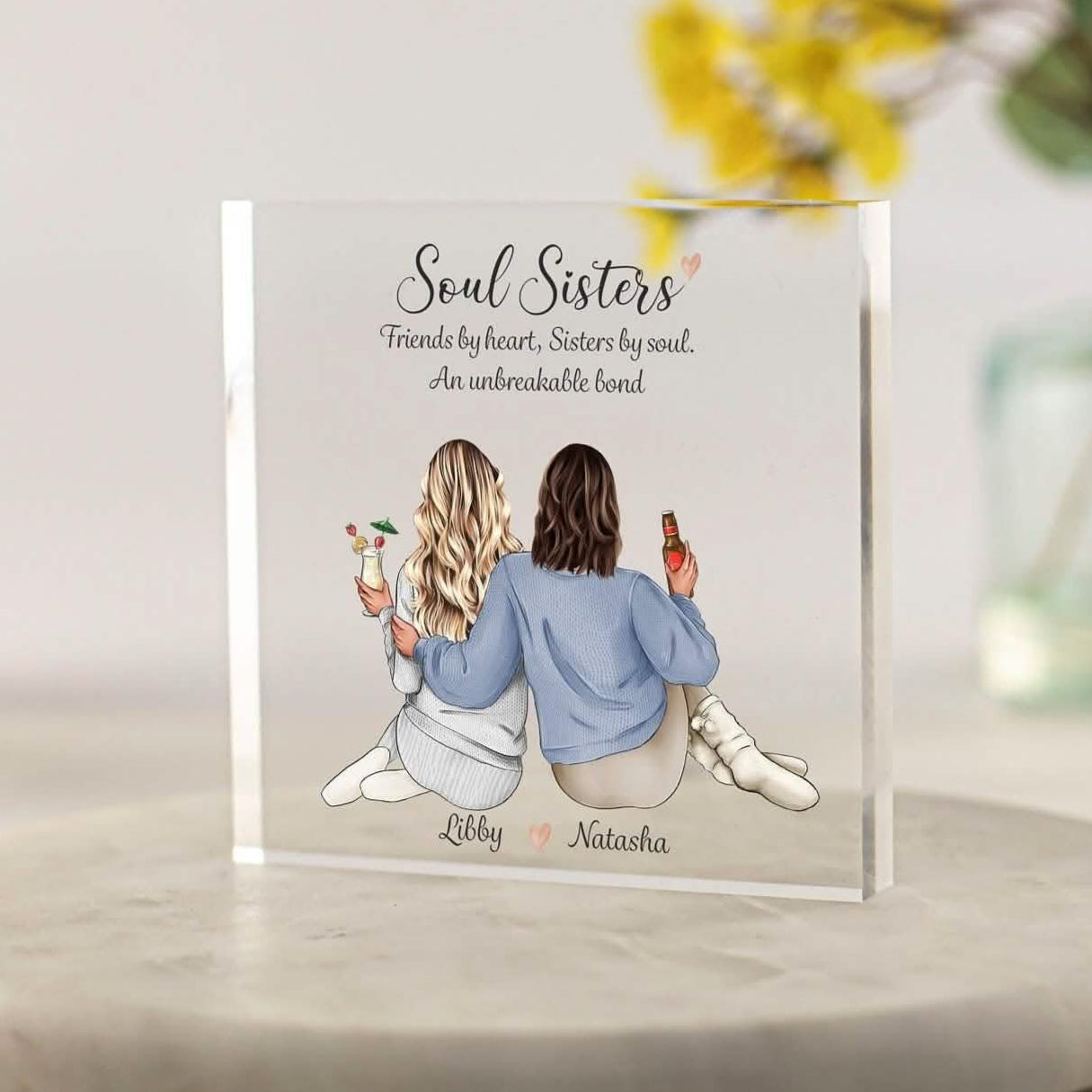 Unique friendship gift for women featuring personalised cartoon illustration of soul sisters