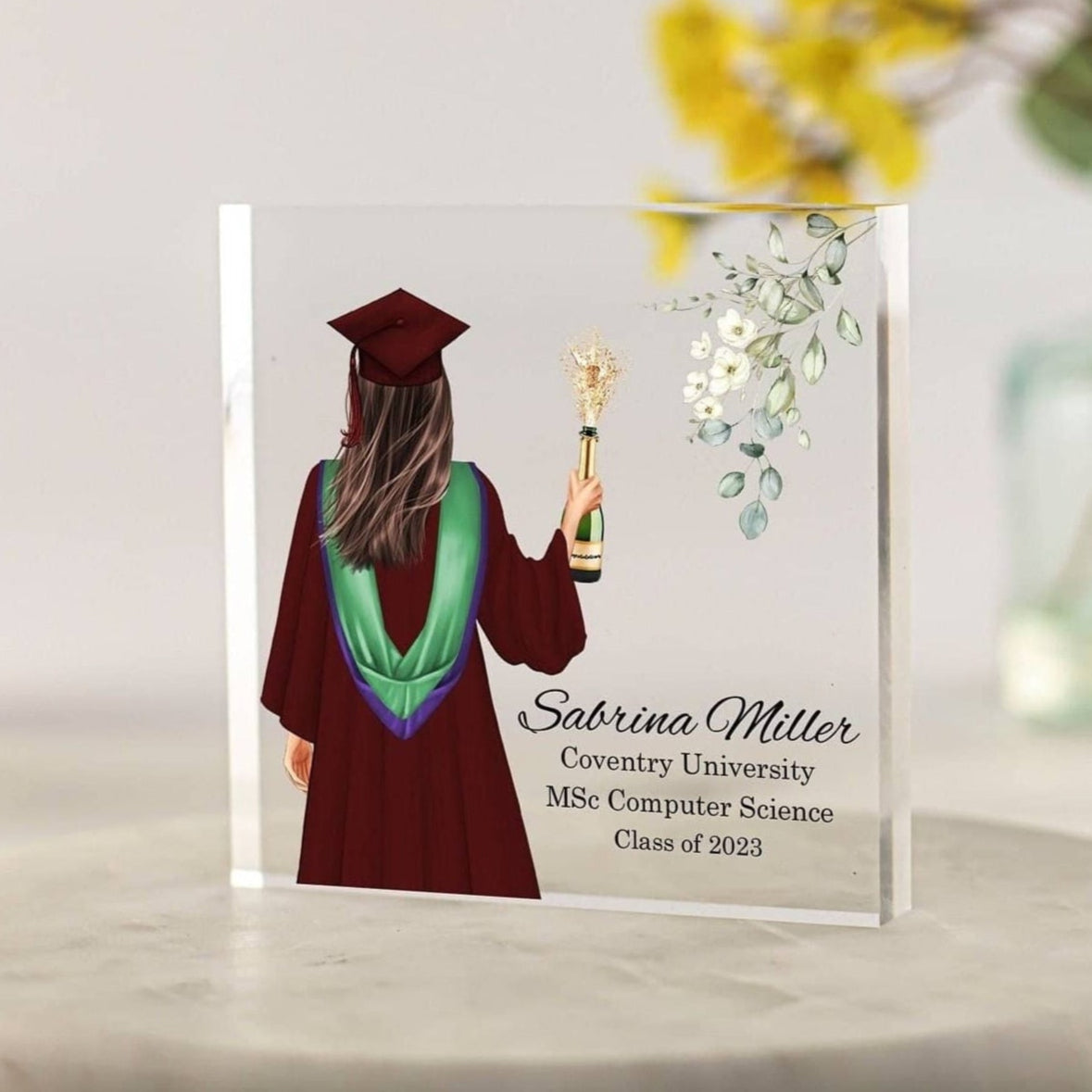 Personalised Floral Graduation Gift for Her, Graduation Plaque, Masters Degree, Law, PHD, Daughter Gift, Best Friend, Sister, Girlfriend