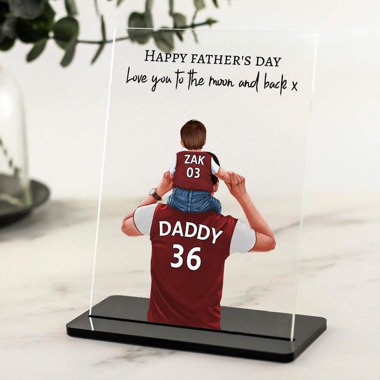 Custom Football shirt print, Daddy and baby on shoulders, personalised footie gifts,Happy Father&#39;s Day First Fathers day present ideas, card, portrait print toddler and dad