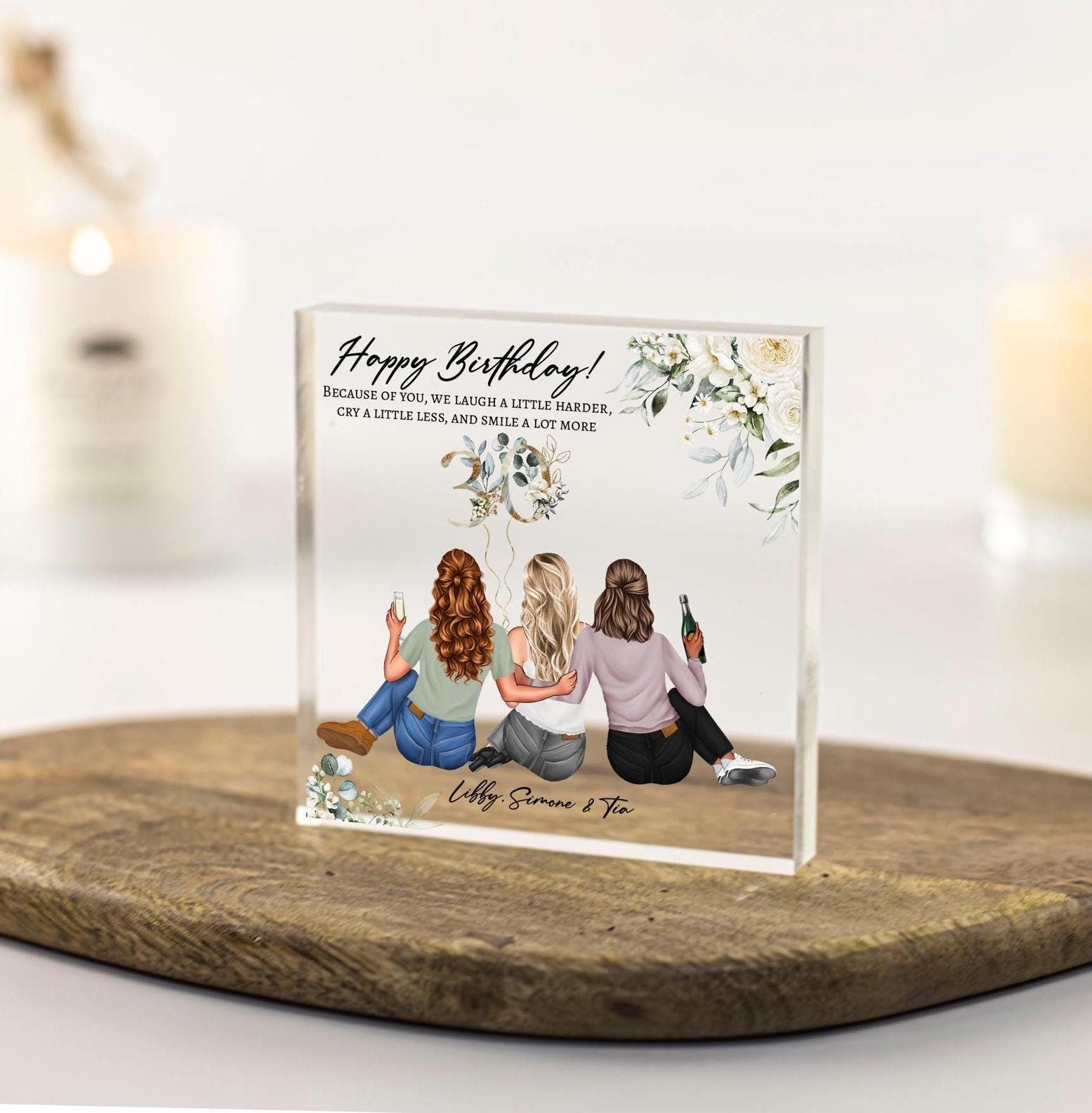 Personalised Happy Birthday gift for Best Friend, custom portrait illustration print on clear acrylic plaque. Sentimental and thoughtful present for 30th, 40th, 50th, 60th any age. Unique present for women. Suitable for any age