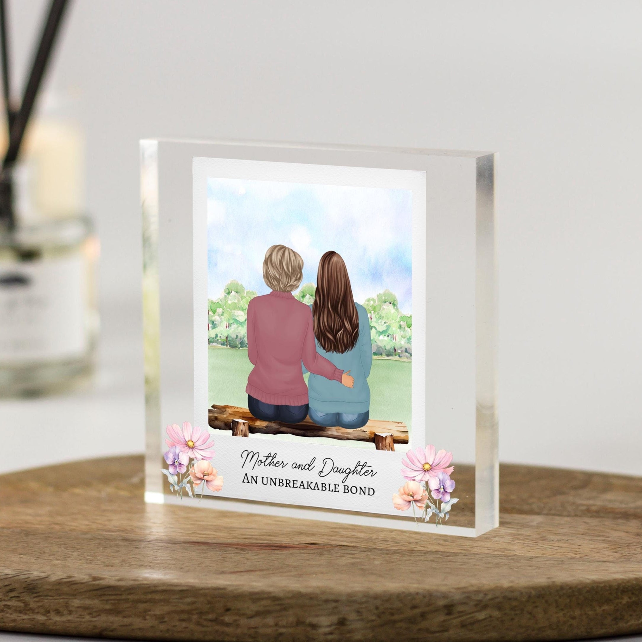 Mother and daughter Portrait Art. Customise hair, clothing and skintones and we will create this beautiful drawing printed on transparent glass frame plaque. One of a kind present for christmas, birthday or mothers day that your mom will cherish.