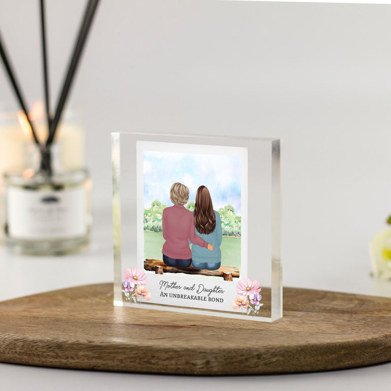 Mother and daughter Portrait Art. Customise hair, clothing and skintones and we will create this beautiful drawing printed on transparent glass frame plaque. One of a kind present for christmas, birthday or mothers day that your mom will cherish.
