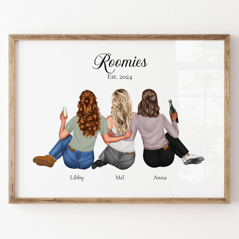 Roommates Personalised Print, Flatmates Gift, Roomies, Dorm Decor, University, College, Flatmates, Wall Decor, Custom Portrait Drawing