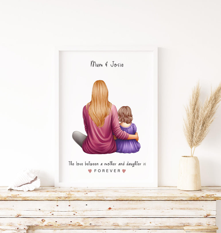 Gift for Mummy, Custom Portrait Mother and Daughter Art, Gifts for Christmas, Birthday, Mother's Day, Customise Hair, Skintone, Names Quote