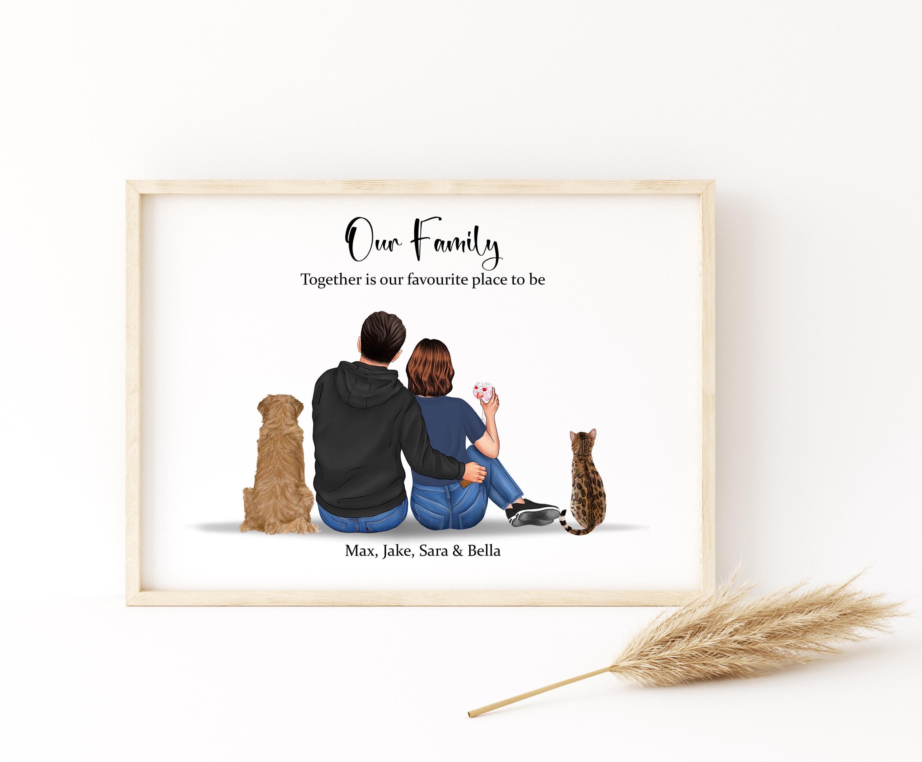Personalised Couple and dog Portrait Print, Our Family wall art, watercolour, boyfriend gift girlfriend moving in present christmas gifts for newly weds pet lover cat home decor poster for home