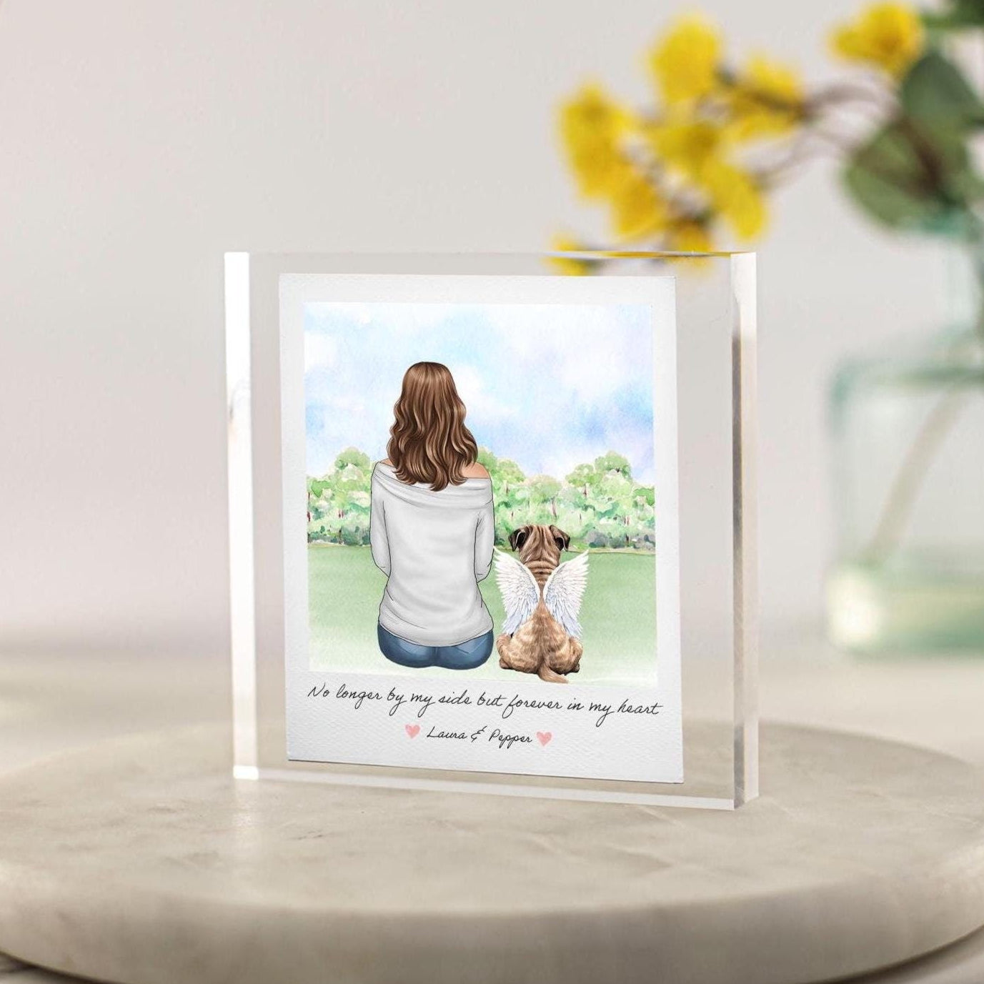 Dog memorial keepsake frame, Cat memorial gift, Pet portrait printed on clear acrylic block. Custom portrait of owner and pet, angel wings rainbow bridge thoughtful keepsake. Ideal gifts for Christmas, birthdays and in loving memory