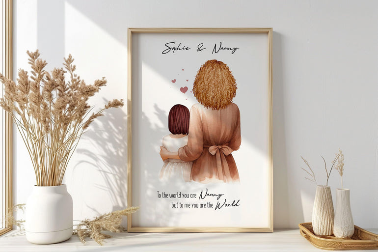 Nanny and Granddaughter Print, Personalised Nan, Grandma Gift, Birthday Gift, Nanna Christmas Gift, Family Portrait Gift for Her Keepsake