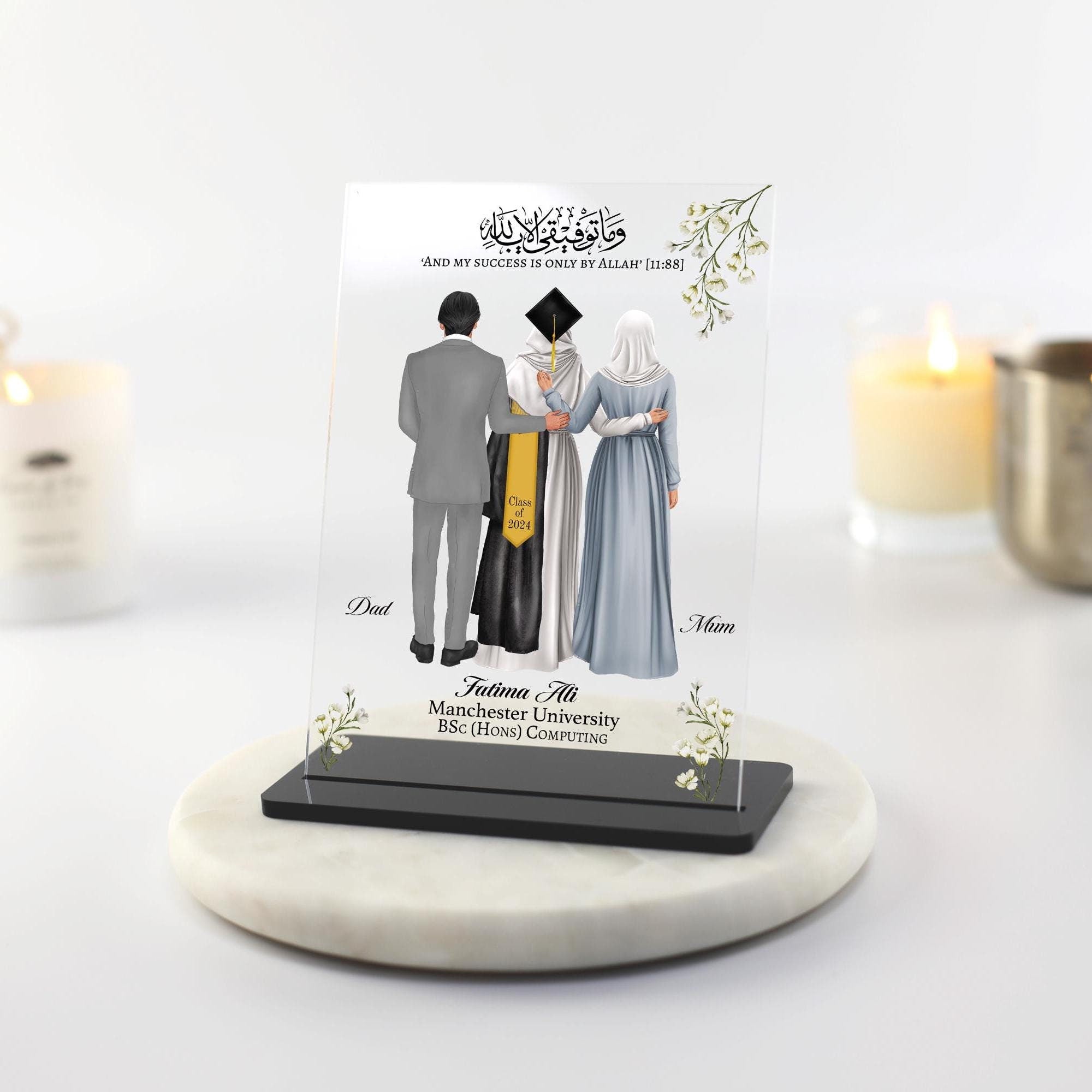 Muslim Mum and dad and daughter graduation Plaque gift, Personalised Hijabi Drawing, Gift for daughter, quran quote arabic blessing and duas, proud of you gifts keepsake acrylic