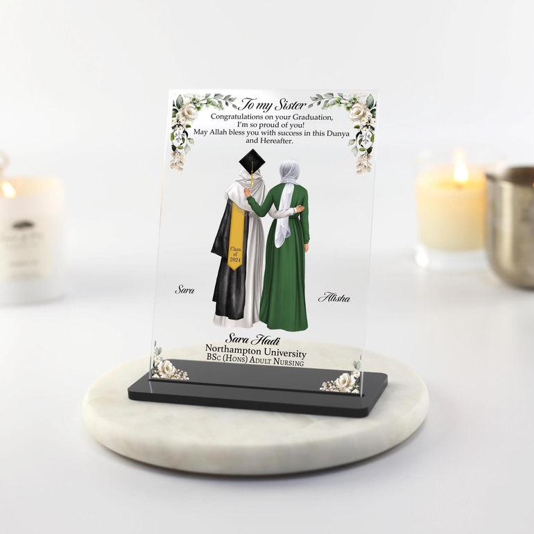 To my Sister Graduation gift Muslim Graduate Hijabi Floral Plaque. Congratulations gift, Allah blessings and Duas personalised gift