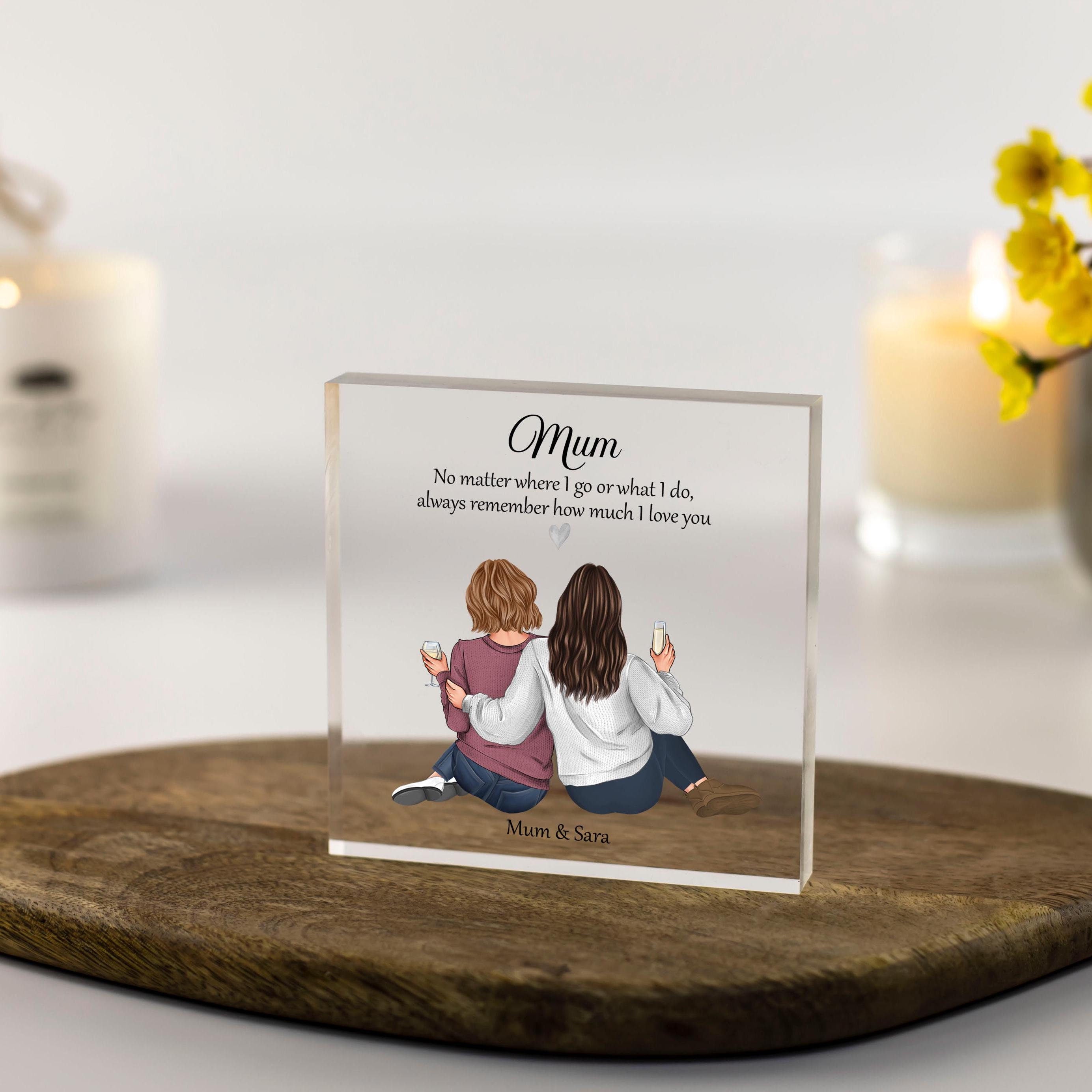 Mum Gifts for Christmas, Personalised Mother daughter picture, Birthday Present 50th 60th Acrylic plaque, Mum and daughter print art drawing customise hair, names handmade UK letterbox gifts with gift box