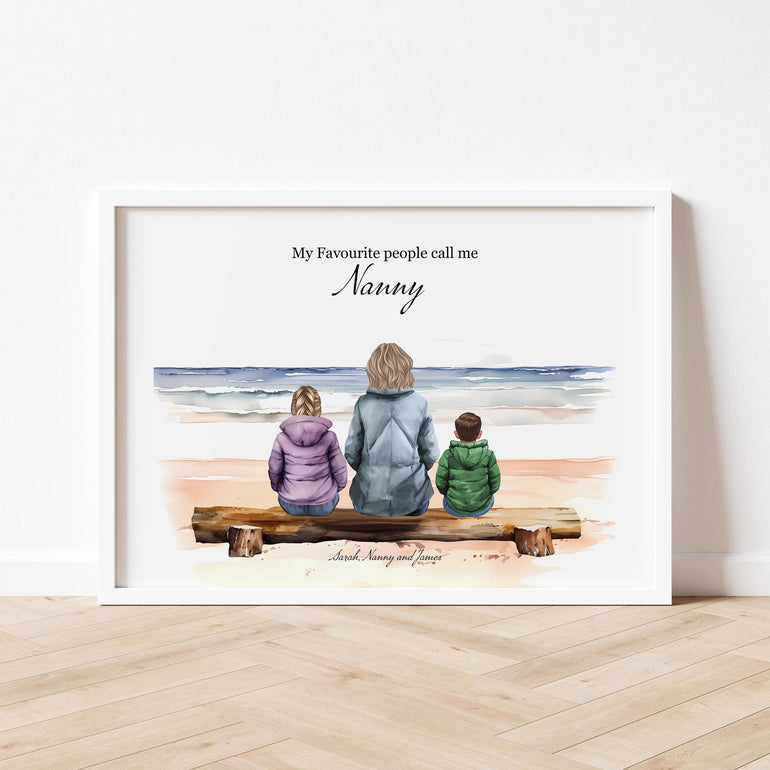 Nanny Gift, Personalised Prints, Mum and children watercolour wall art portraits with beach background. Customise hair clothing, skintones and names to create a unique gift for Nan for mothers day christmas birthdays
