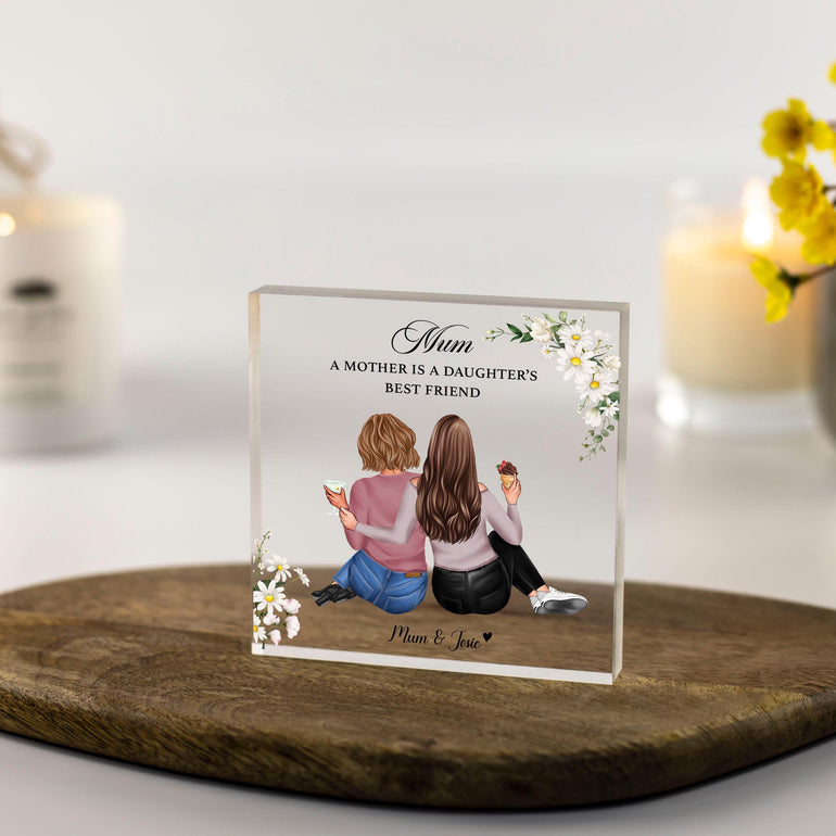 Custom Mum Gifts, Personalised Illustration art of mother and daughter sentimental presents best friends drawing back view daisy floral for mother&#39;s day gifts, Christmas , birthdays unique keepsake to cherish forever ideal for dressing table