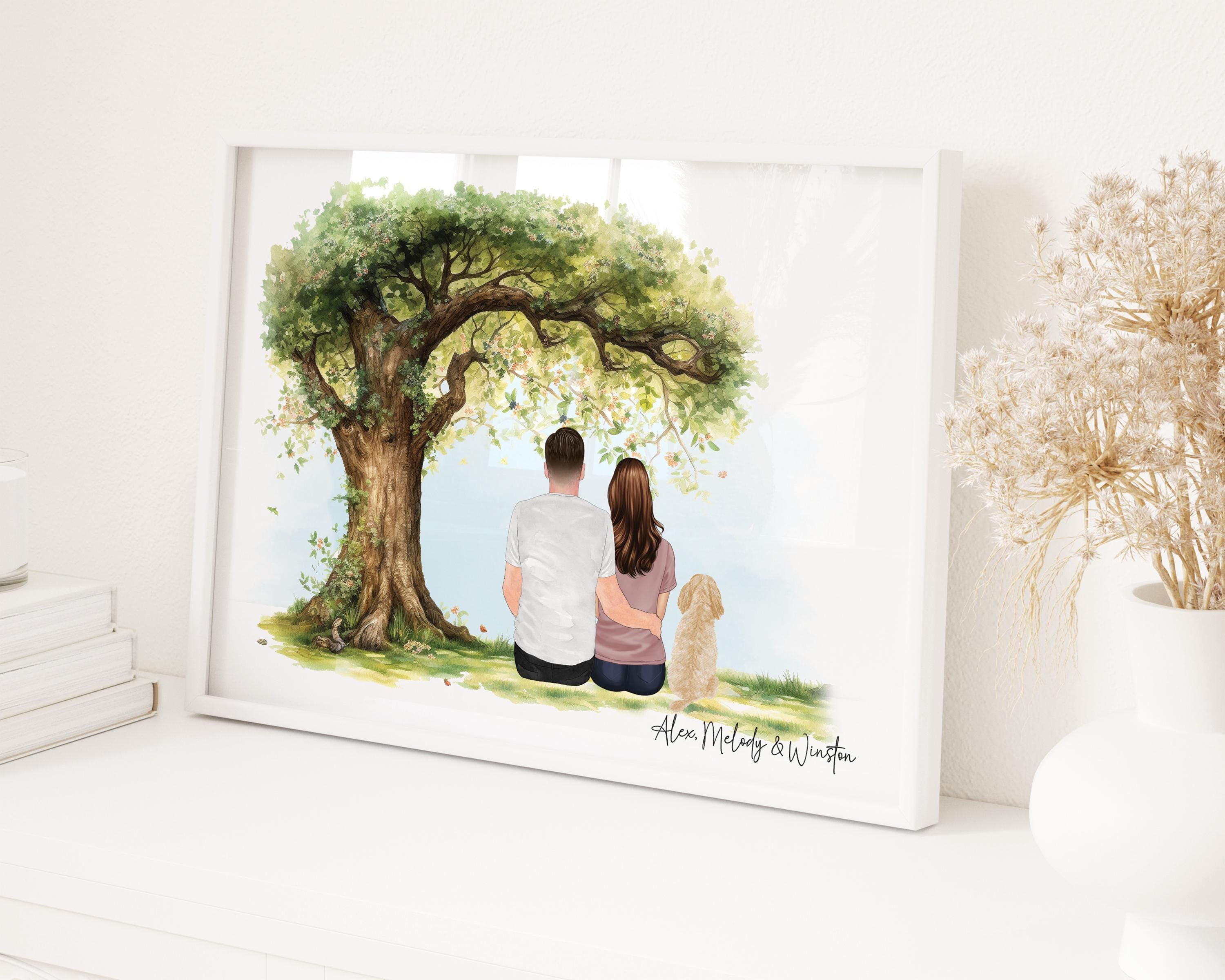Couple and pet watercolour portrait, Personalised Family Portrait Wall Art, Valentines Day gift for Wife, Husband, Pet loss, Dog memorial, Husband and wife print, New Home, Wedding gift, Anniversary present for Him His and Hers