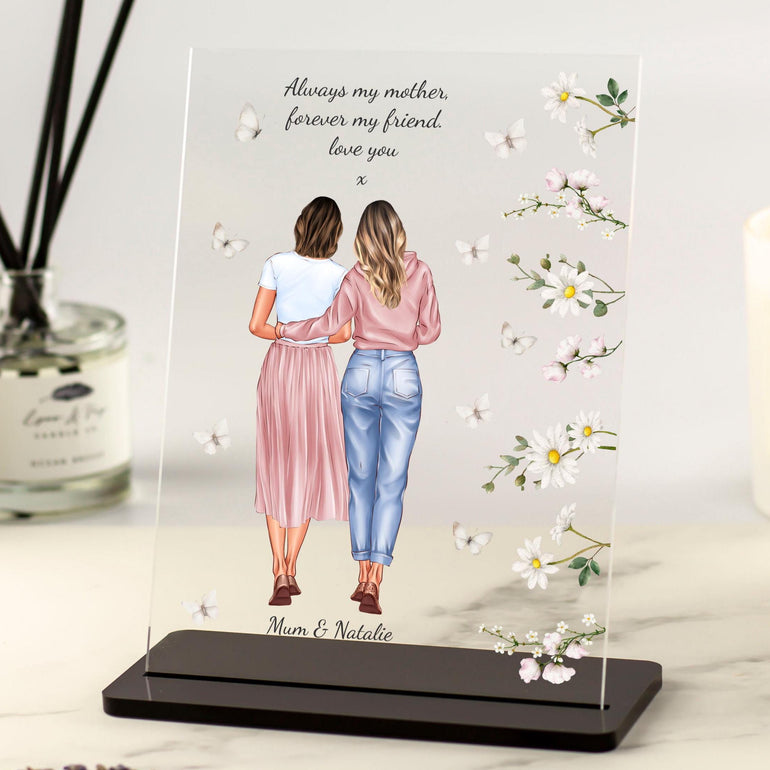 Daughter hugging mum, mother drawing portrait art gift, personalised mothers day gifts, birthday present mom, bff, daisy and butterfly customised unique one of a kind sentimental gift for birthdays christmas valentines day best mummy teen mama acrylic plaque with stand