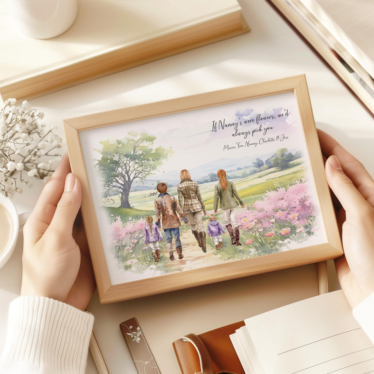 Nana Gift, Nanny gift from granddaughter grandson grandchildren for Mothers day, Nanny&#39;s birthday, 50th 60th 70th Walking family portrait flower wall art unique meaningful gifts to treasure, customise clothing skintone and hair country walking